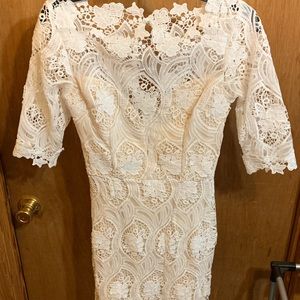 Mini white lace dress with cream/tan inlay